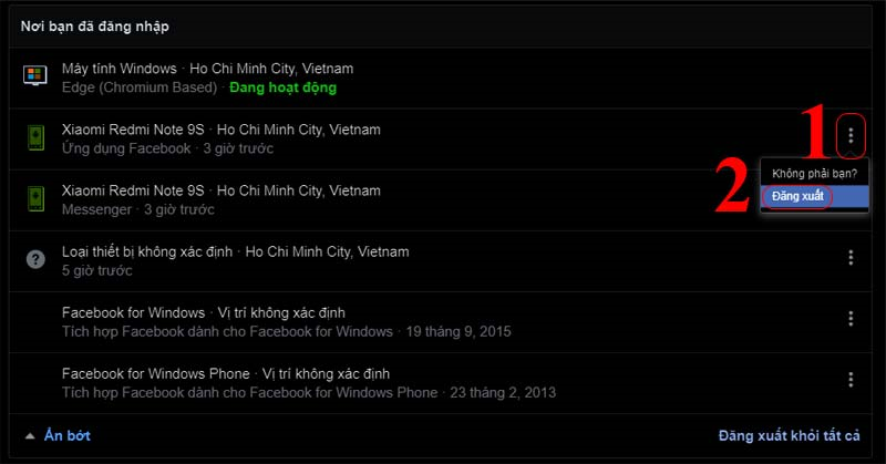 chọn “Đăng xuất”, Facebook sẽ ngay lập tức đăng xuất tài khoản của bạn trên thiết bị